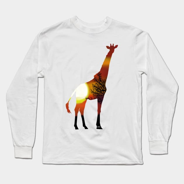 Giraffe Sunset Tree Silhouette Long Sleeve T-Shirt by DSCarts